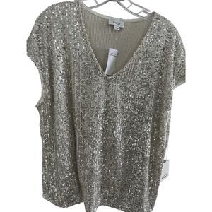 Cece Womens Sequin Top L Blouse Shell Silver Cap Sleeve Glam Party NWT